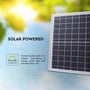 V-TAC solpanel med teksten 'SOLAR POWERED' og information om premium kvalitet LEDs for energibesparende lys.