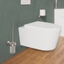 Væghængt toiletbørste fra Cosmic i krom med glasbeholder, monteret på grøn væg ved siden af et hvidt toilet.
