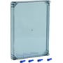 Fibox EKI44/40T dæksel 400x400x40mm i transparent, røgfarvet polycarbonat med fire blå fastgørelseselementer.