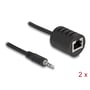 DeLock stereo-lydforlænger, 50 meter, set fra en anden vinkel med RJ45-port, 3,5 mm-hanstik og markeringen 2x.