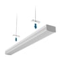 Monteringstegning af SpectrumLED LED-loftsarmaturet med ophængsbeslag og pile, der viser beslagene sænkes mod armaturet.