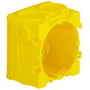 Kaiser beton dåse B2, H:48.5mm, åben, gul. Denne vinkel fremhæver dåsens indre rum og tilslutningsporte.