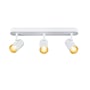 SLV NOBLO® loftlampe i hvid med tre justerbare spotlamper, gyldne inderskærme og hvid lampebjælke.
