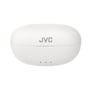 Lukket hvidt ladeetui til JVC Gumy True Wireless in-ear earbuds, med JVC logo på låget og tre opladningsindikatorer.
