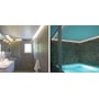 To eksempler på installation af SLC LED Strip Aline Mono: En i et moderne badeværelse med lys langs loftet og spejle, og en anden i et wellnessområde med pool og stenbeklædte vægge.