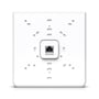 Ubiquiti Access Point U6 Enterprise In-Wall bagside med monteringshuller og PoE IN RJ45 port, hvid.