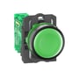 Schneider Electric grøn trådløs trykknap med 22mm diameter og synlig printplade på bagsiden.