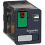 Schneider Electric effektrelæ 15A, 2CO, 230VAC fra RPM-serien, mørkeblå front med grøn knap og mærkat.