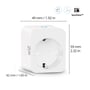 Hvid WiZ Smart Plug vist med dimensioner i millimeter og tommer, inklusive bredde 49 mm, højde 59 mm og dybde 42 mm.
