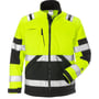 Forsiden af Kansas Fristads Hi-Vis softshell jakke i gul og sort, str. S, med lynlås, brystlomme og reflekterende bånd.