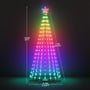 Diagram af Govee Cone Tree Lights der viser dimensioner: 1,82m i højde og 0,8m i bredde, oplyst i regnbuefarver mod mørk baggrund.