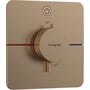 Hansgrohe ShowerSelect Comfort termostatbatteri i børstet bronze, vist forfra med betjeningsknap og temperaturmarkeringer.
