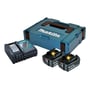 Makita batteripakke med to 18V 5,0Ah BL1850B batterier, DC18RC lynlader og MAKPAC STR. 2 kuffert på hvid baggrund.