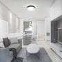 V-TAC LED-loftslampe på 24 W monteret i loftet i en lys stue, med rund form og sort kant.