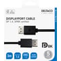 Emballagen til Deltaco DisplayPort-kablet viser DP 1.4, DP8K-certificering, 3 meters længde og kabelenderne.