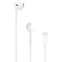 Komplet sæt af hvide Apple EarPods med USB-C stik og et enkelt ørestykke vises samlet på en ren baggrund.