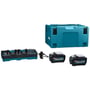 Makita XGT startsæt med 2 x 40V 5Ah batterier, dobbelt lynlader DC40RB og Makpac kuffert på hvid baggrund.