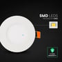 V-TAC rundt mini LED-indbygningspanel med markering af Cree-chip og et forstørret udsnit af LED-chippen.