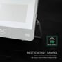 V-TAC 200 W LED-projektør med CREE-chip set skråt forfra, med monteringsbøjle og grafik om lysvinklen.