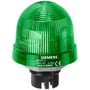 Siemens signallampe med integreret blinklys, 70 mm i diameter og 24V, vist her i grøn farve med mærkning.