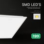 Detaljer om V-TAC LED panel: SMD LED'er, øjeblikkelig start, og 120 lm/watt effektivitet.
