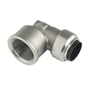 Roth 18mm indstiksfittings vinkel i rustfri stål, viser 90 graders bøjning og 3/4" muffe detaljer.