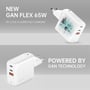 Top-til-bund: En 4smarts GaN Flex 65W oplader med synlig intern teknologi, og den samme oplader fra siden med USB-C og USB-A porte.