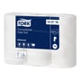 Tork T4 Universal toiletpapir, 1-lags, 6 pakker á 8 ruller. Papiret er hvidt med diskret mønster og FSC-certificeret.