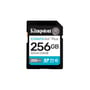 Kingston Canvas Go Plus Gen4 SDXC-hukommelseskort på 256 GB set forfra med turkis mærkat og specifikationer.