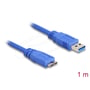 Nærmere set ses stikkene på det blå Delock USB-kabel: Type-A og Micro-B, med markeringen 1 m.