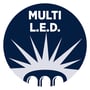 Logo der viser 'MULTI L.E.D.' med lysstråler fra en mørkeblå cirkel.