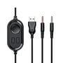 Deltaco DH140 gamingheadsettets kabel med betjeningsknapper, USB-stik og to 3,5 mm jackstik.