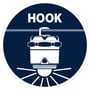 Illustrativ cirkel med hvid grafik der viser en lommelygte hængt op i en krog med teksten HOOK.