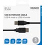 Deltaco-emballagens forside viser USB-A-forlængerkablet på 3 meter med mærke og stiktype fremhævet.