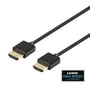 Deltaco sort, ultratyndt HDMI-kabel på 3 meter med to stik vist tæt på og set skråt.