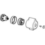 Eksploderet visning af Oras temperaturreguleringsgrebets komponenter, inklusive kerne, ringe og ydre kabinet.