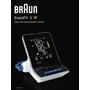 Braun ExactFit 3 digital blodtryksmåler med stor skærm, der viser blodtryk, puls og dato/tid, på sort baggrund.