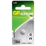 GP Batteries 1.5V alkaline knapcelle LR43, model 186, V12GA. Emballagen viser GP Alkaline logo og symboler for regnemaskine og kamera.