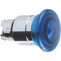 Schneider Electric paddetryk med LED impuls i blå farve og 40mm diameter, set fra siden med synlig fjederretur mekanisme.