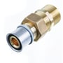 Roth union med 26 mm presfitting og 1" udvendig gevind i messing, egnet til 10 bar og 70°C.