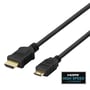 Deltaco HDMI-kabel, mini HDMI til HDMI, set skråt med de to stik tydeligt fremme og kablet ført væk fra dem.