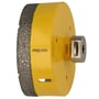Nærbillede af PRO-FIT diamanthulsav, 120 mm, viser den gul-farvede krop, 'PRO-FIT'-logo og metalspindlen.