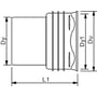 Teknisk tegning af Wavin X-Stream DN500/500 mm PP-overgang til glat spids, med dimensioner angivet.