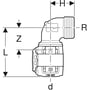 Teknisk tegning af Geberit FlowFit 90° bøjning med dimensioner L, Z, H og R angivet.