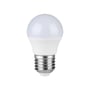 V-TAC G45 LED-pære med E27-fatning vist forfra med hvid kuppel og synlig metalfatning.
