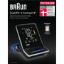 Braun ExactFit 5 Connect blodtryksmåler vist med stor skærm, Bluetooth logo og testvinder-certificering.