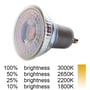 Dimtowarm GU10-pæren til SpectrumLED-skinnespotten med grafik over farvetemperatur fra 3000 til 1800 K.