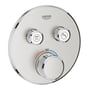 Grohe Grohtherm SmartControl termostatarmatur i Supersteel med to betjeningsknapper og temperaturregulator på en lys baggrund.