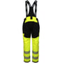 Bagsiden af Lyngsøe Rainwear Hi-Vis vinterbukser i gul og sort viser seler, sorte paneler og refleksbånd, størrelse XL.