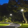 V-TAC LED havelampe oplyser en parksti om natten med et kraftigt, men behageligt lys, der fremhæver træer og omgivelser.
